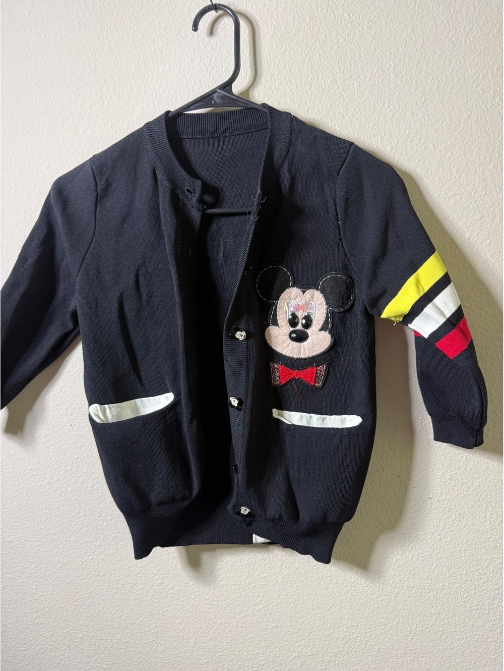 Vintage Mickey Mouse Black Cardigan Sweater with Colorful Sleeve Stripes and Emb